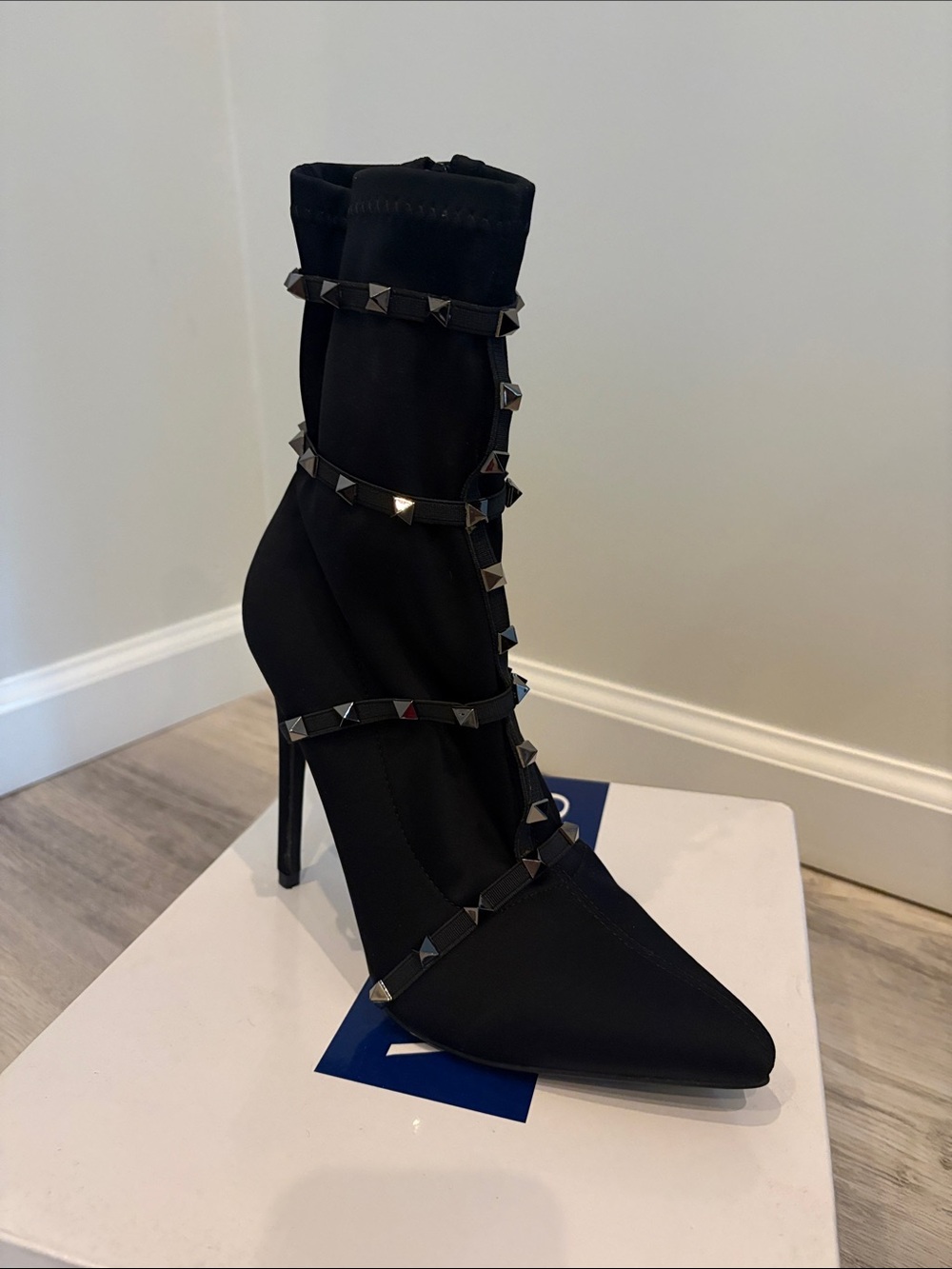 VENUS Black Studded Pointed-Toe Stiletto Ankle Boot